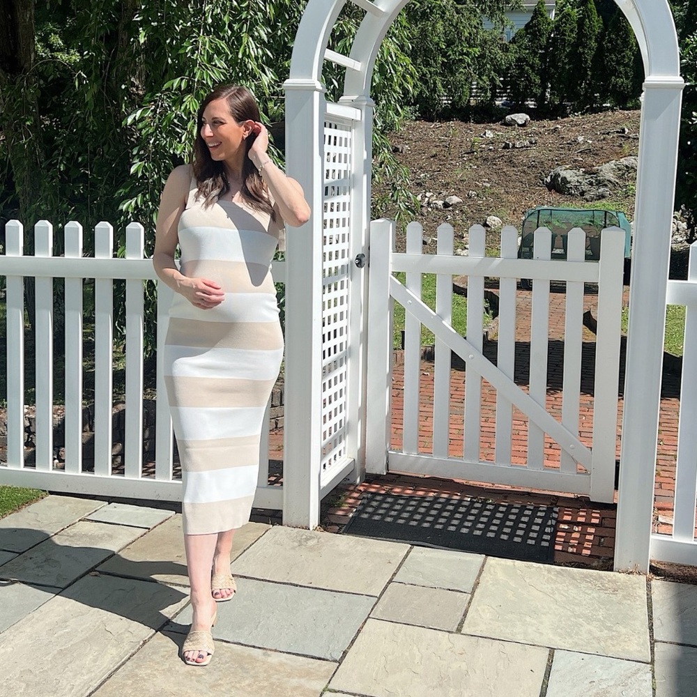 Beige Bow Shoulder Stripe Sweater Maternity Maxi Dress